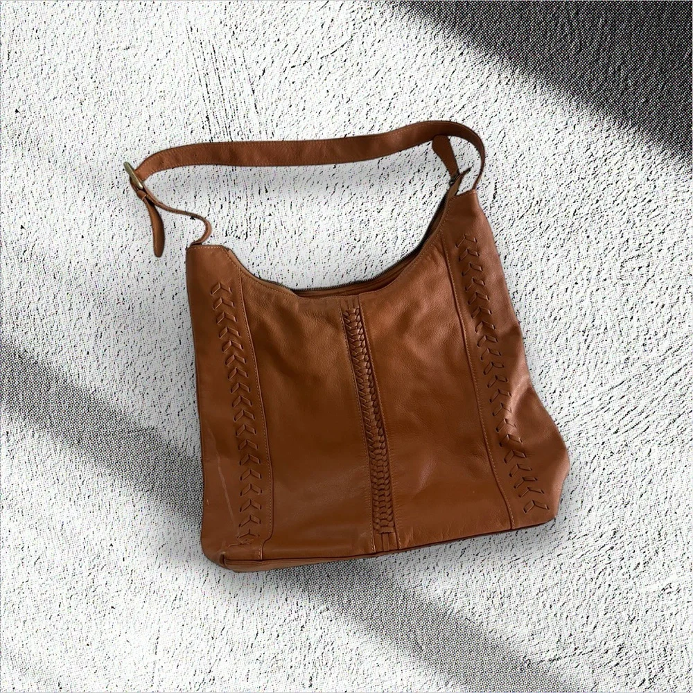 Caramel Leather Hobo Bag – Braided Detail, Slouchy Boho - Picture 1 of 3